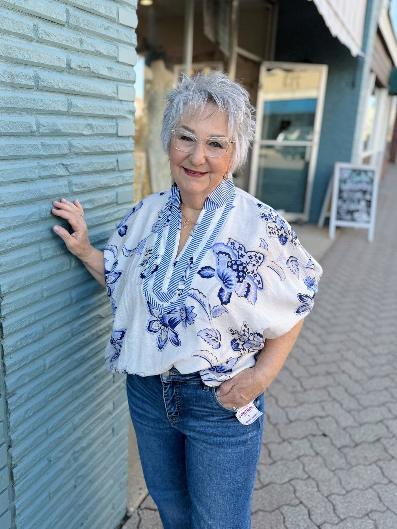 Blue Floral Dolman Contrast V-Neck Top