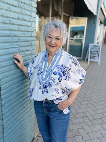 Blue Floral Dolman Contrast V-Neck Top