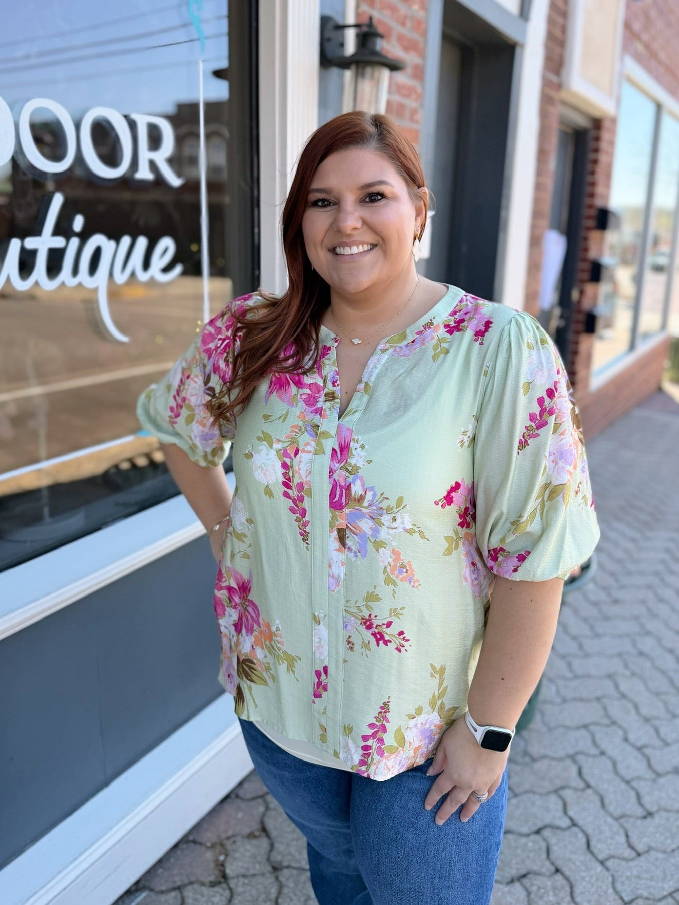 Curvy Mint Floral V-Neck Top