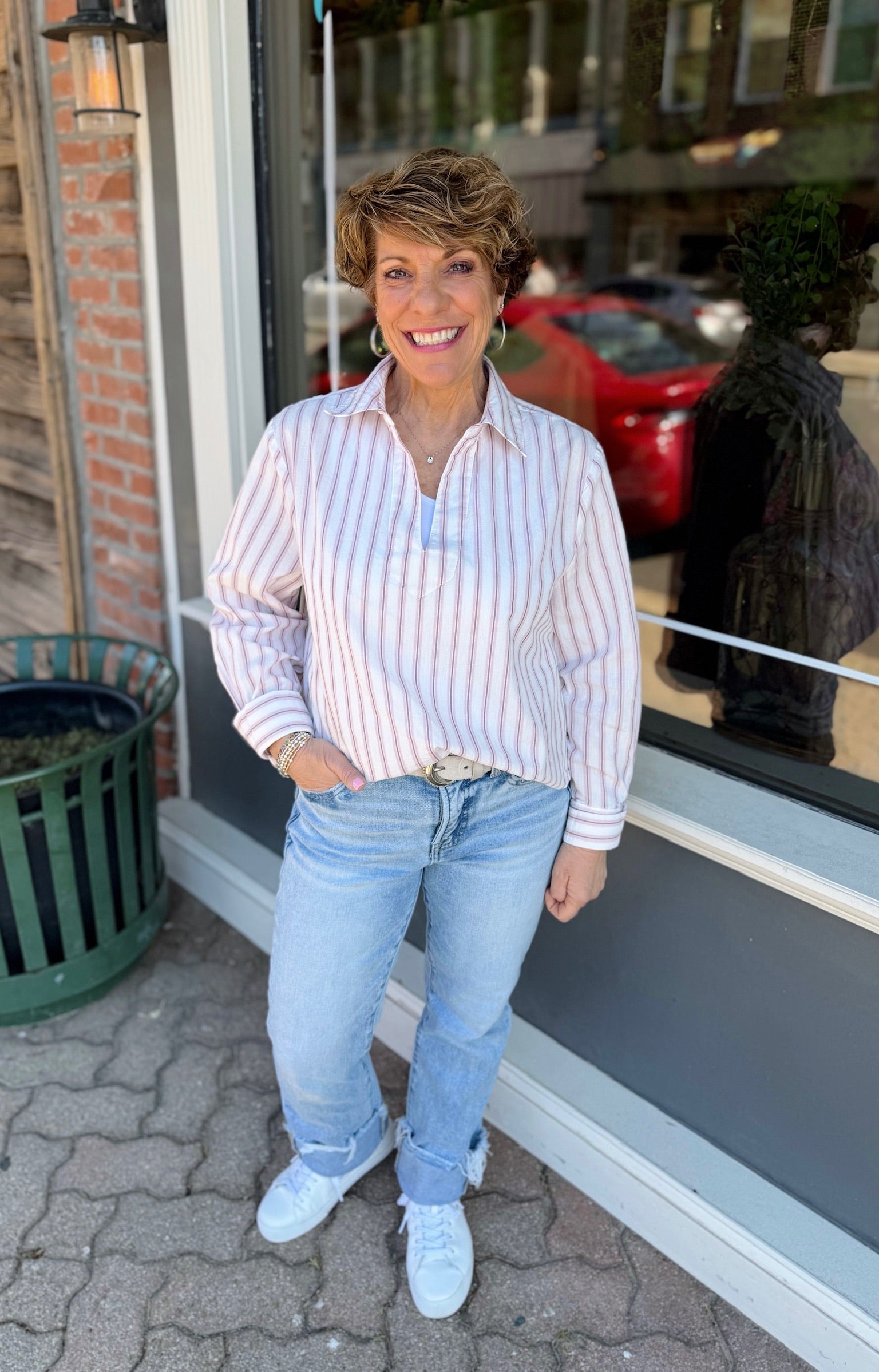 Blush Striped Collared V-Neck Top