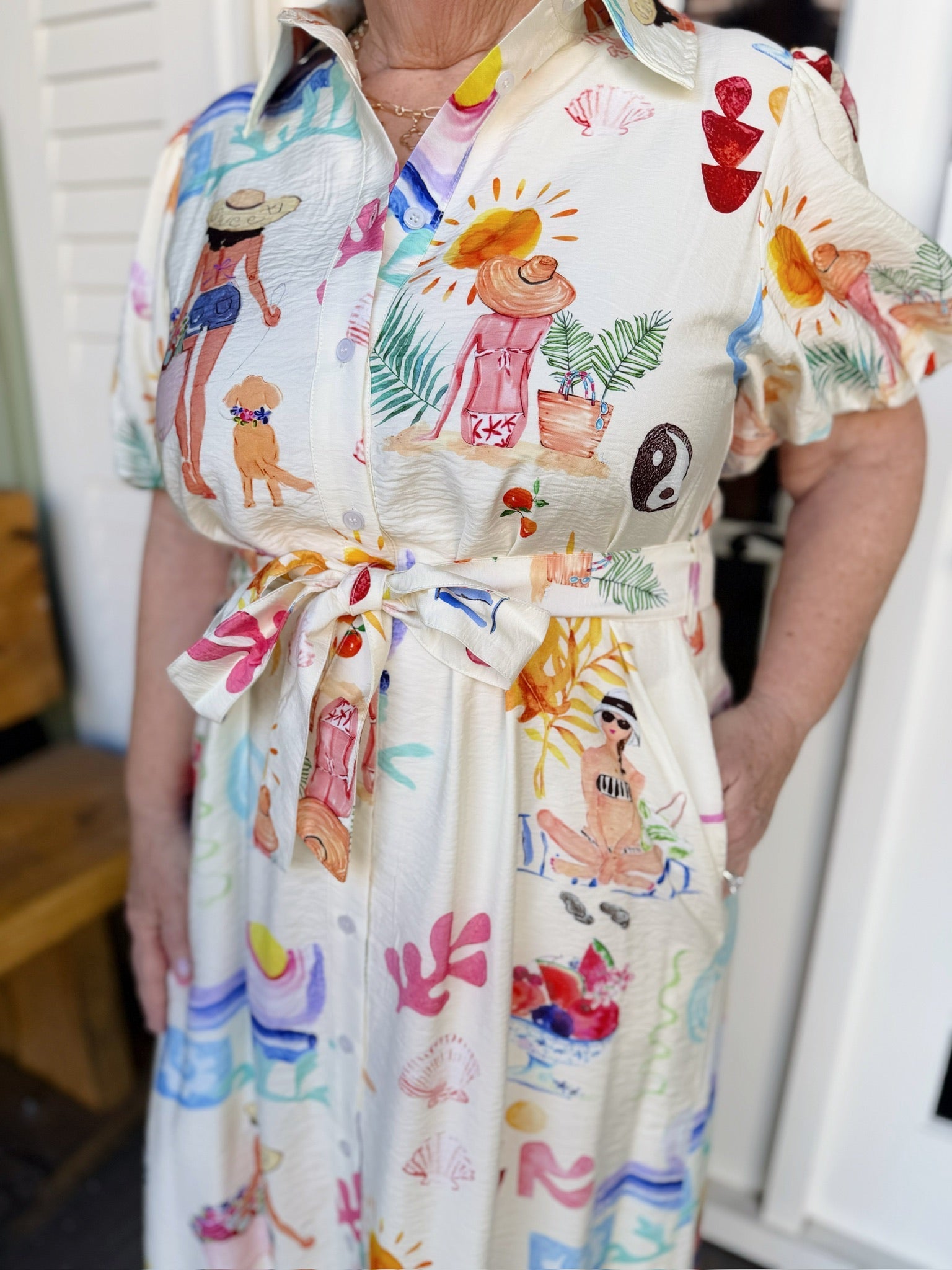 Ivory Button Down Summer Beach Print Dress