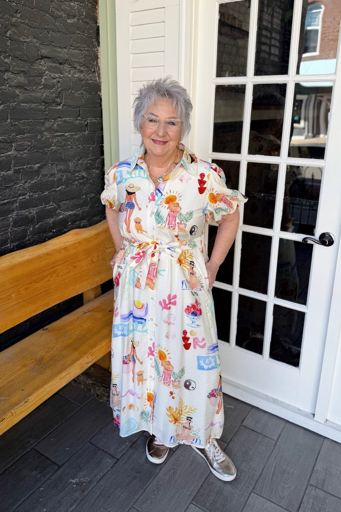 Ivory Button Down Summer Beach Print Dress