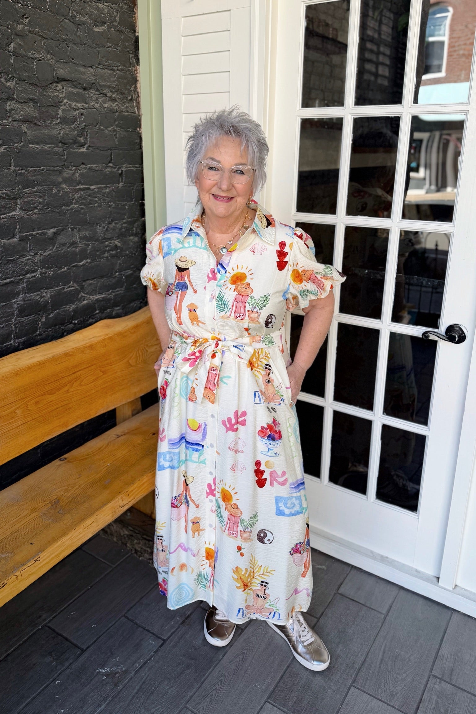Ivory Button Down Summer Beach Print Dress