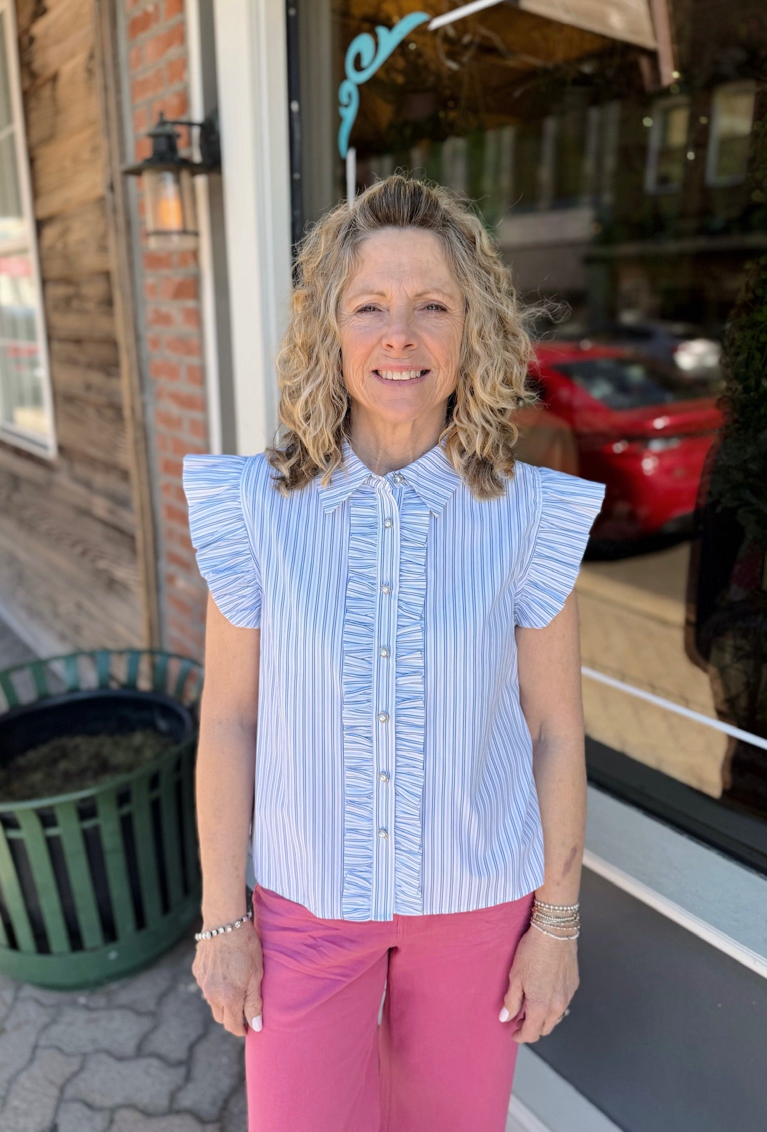 Ruffle Stripe Pearl Button Down Top