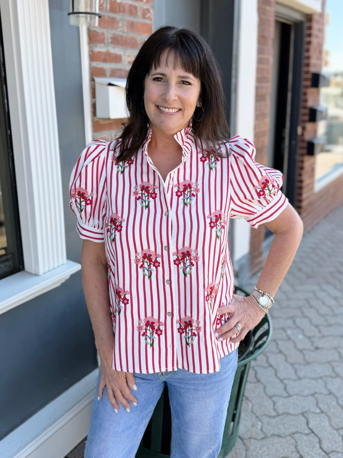 Red Striped Button Down Embroidered Top