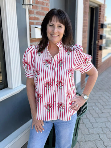 Red Striped Button Down Embroidered Top