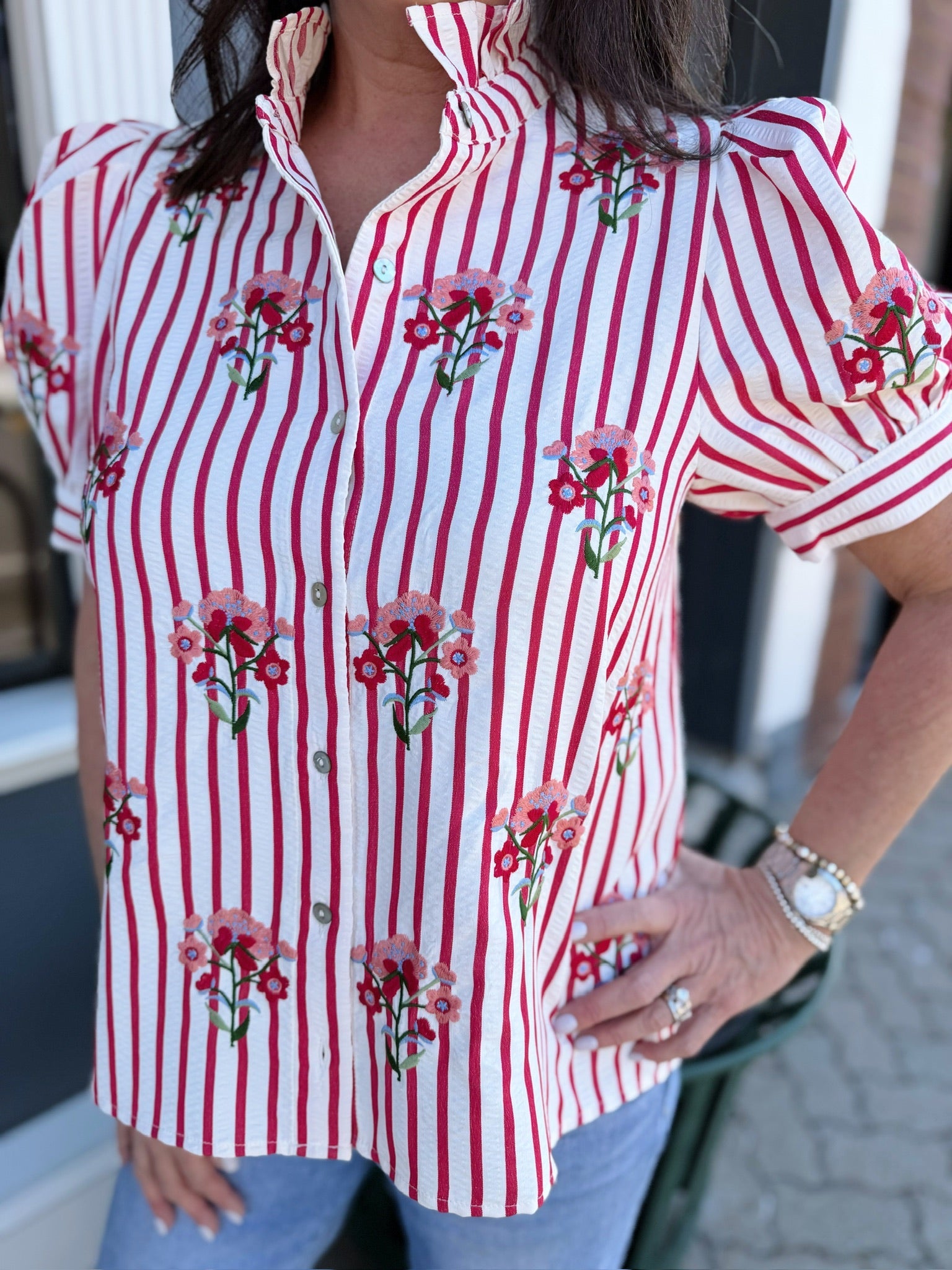 Red Striped Button Down Embroidered Top