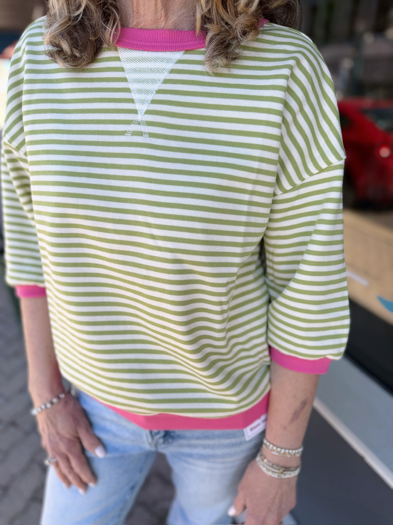 Green Striped Contrast Banded Elbow Sleeve Jersey Top