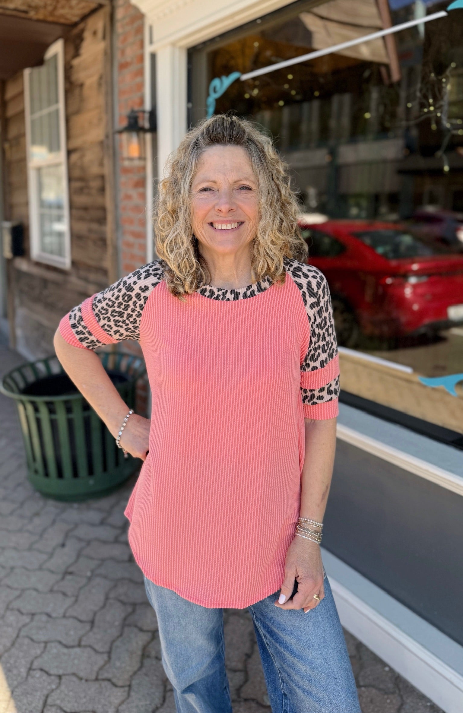 Coral Leopard Detail Ribbed Top