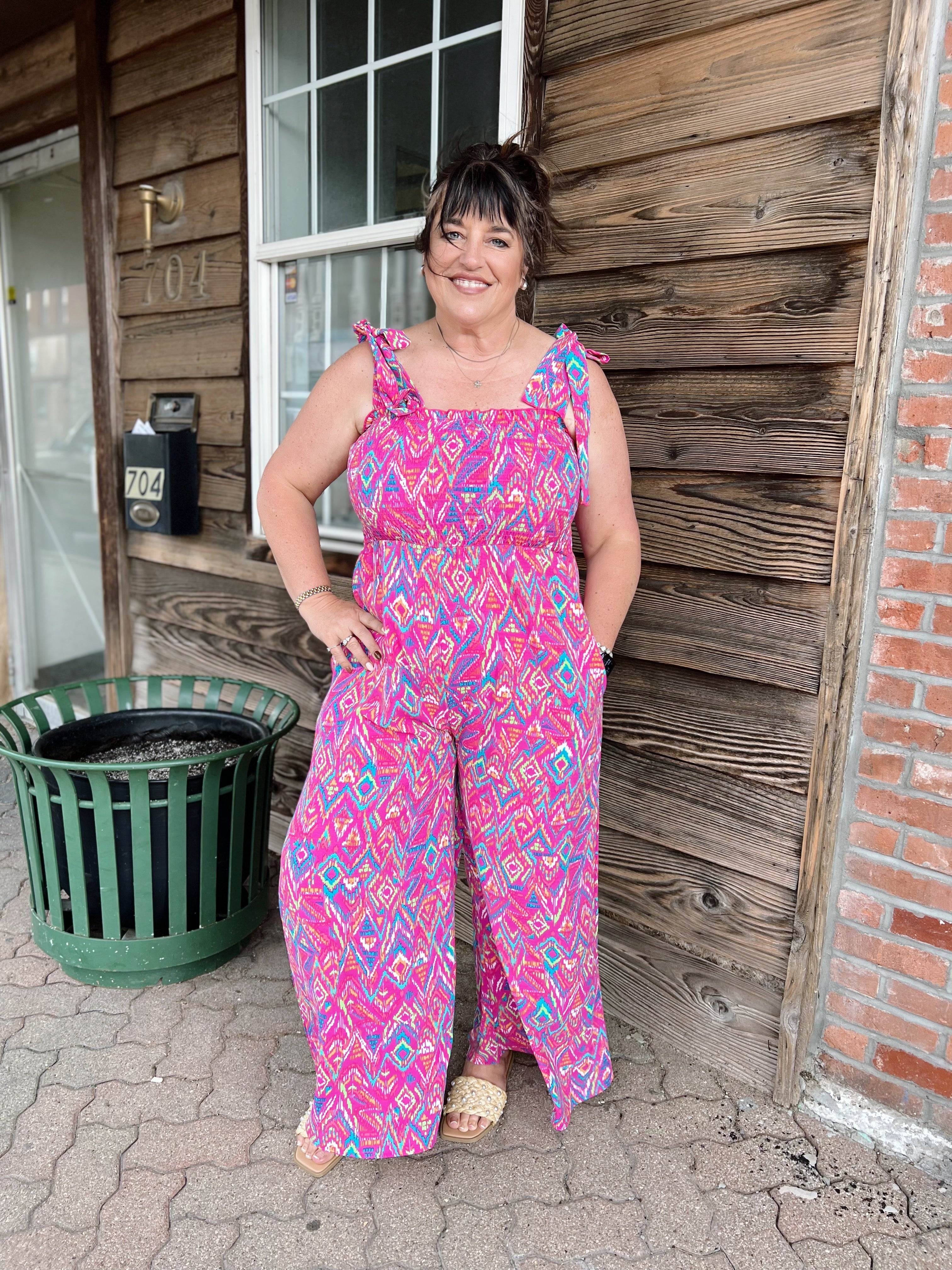 Curvy Pink Mix Abstract Print Smocked Jumpsuit