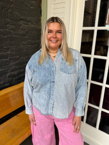 Curvy Chambray Striped Button Down Top