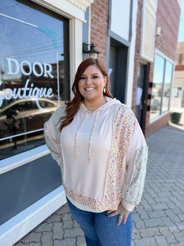 Curvy Oatmeal Floral Bubble Sleeve Hooded Top