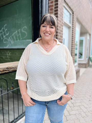 Curvy Oatmeal Collared Netted Top
