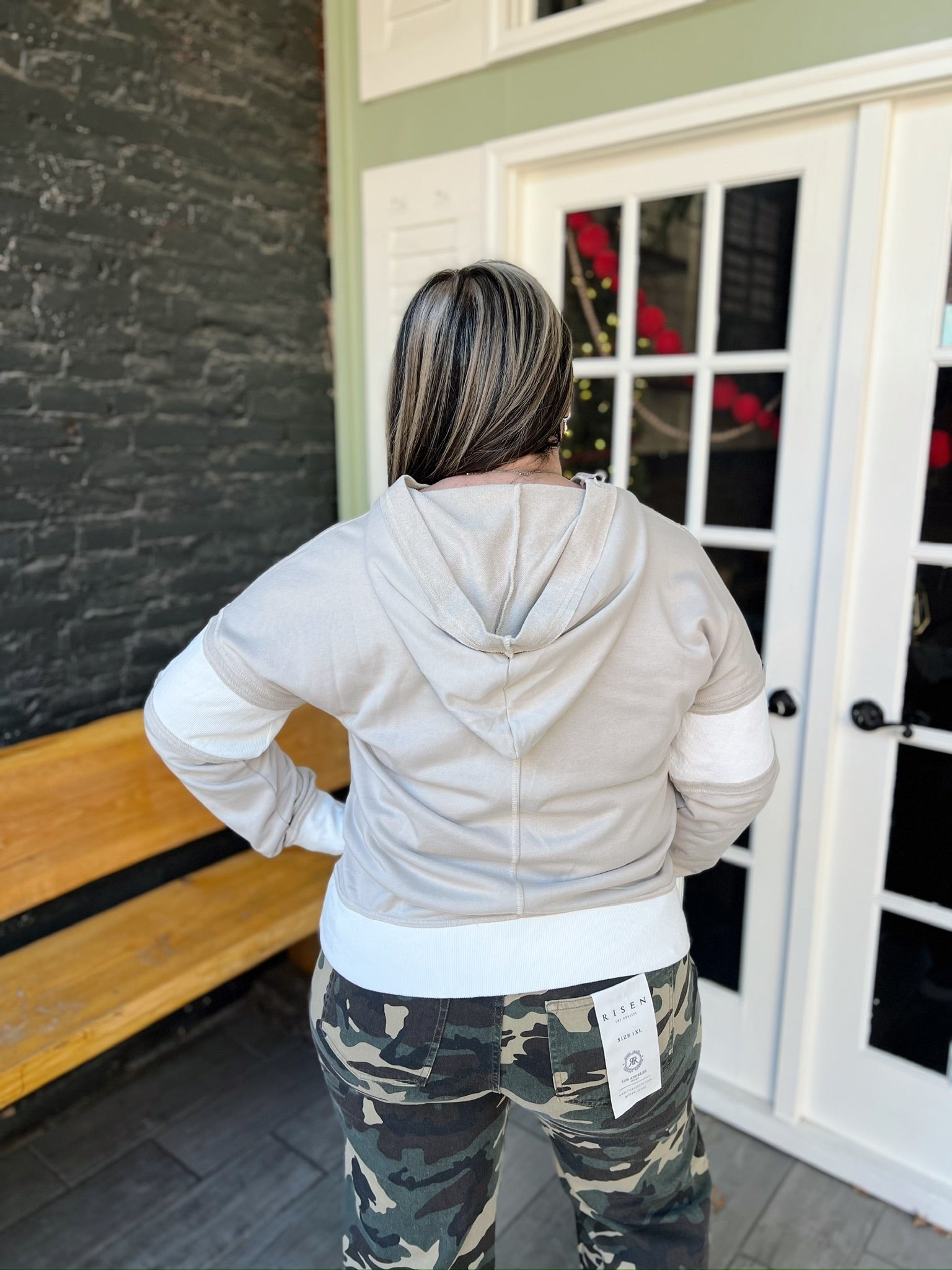 Taupe Contrast Ribbed Hooded Top