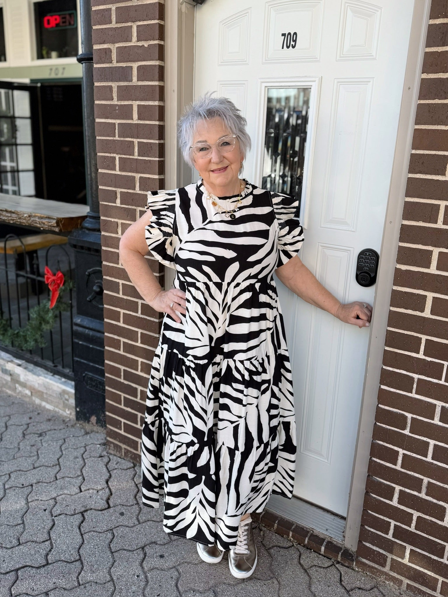 Black Palm Print Midi Dress