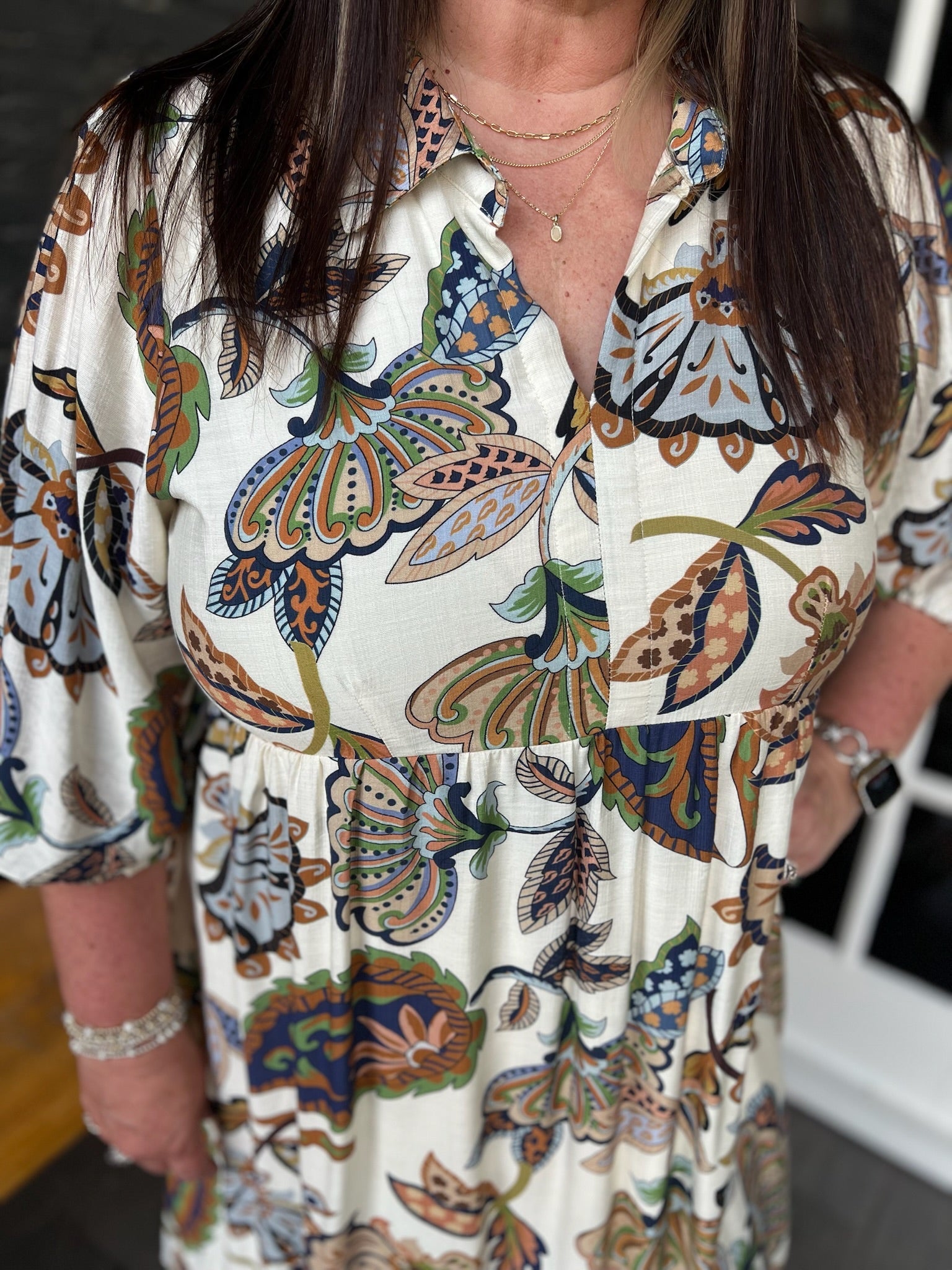 Curvy Cream Boho Paisley Tiered Midi Dress