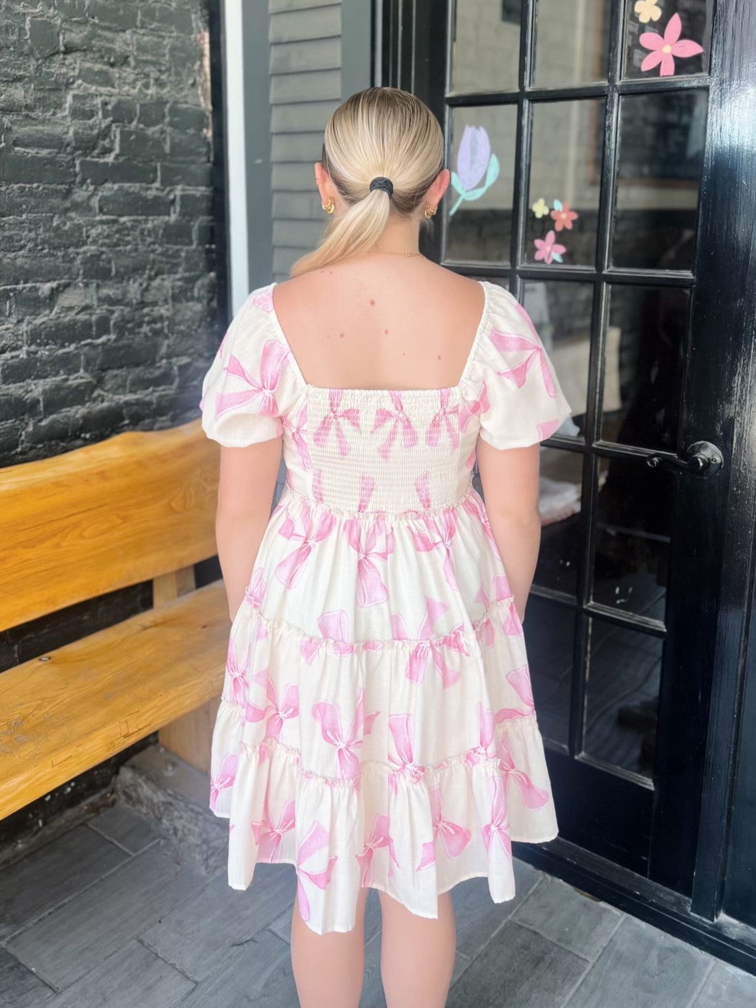 Cream With Pink Bow & Bow Pattern Dress