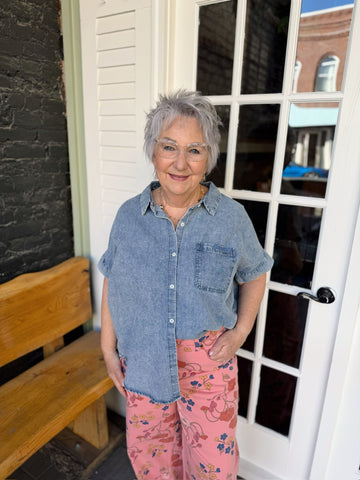Chambray Short Sleeve Button Up Top