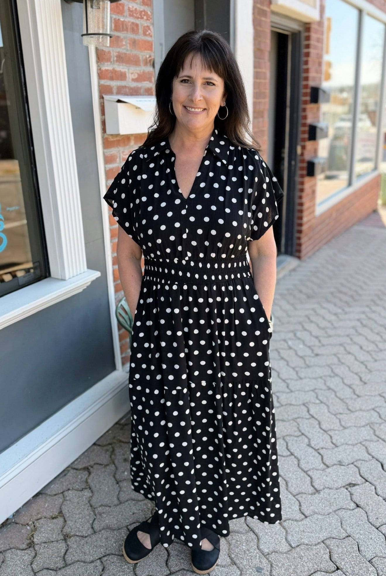 Black Polka Dot Drop Shoulder Collared Midi Dress