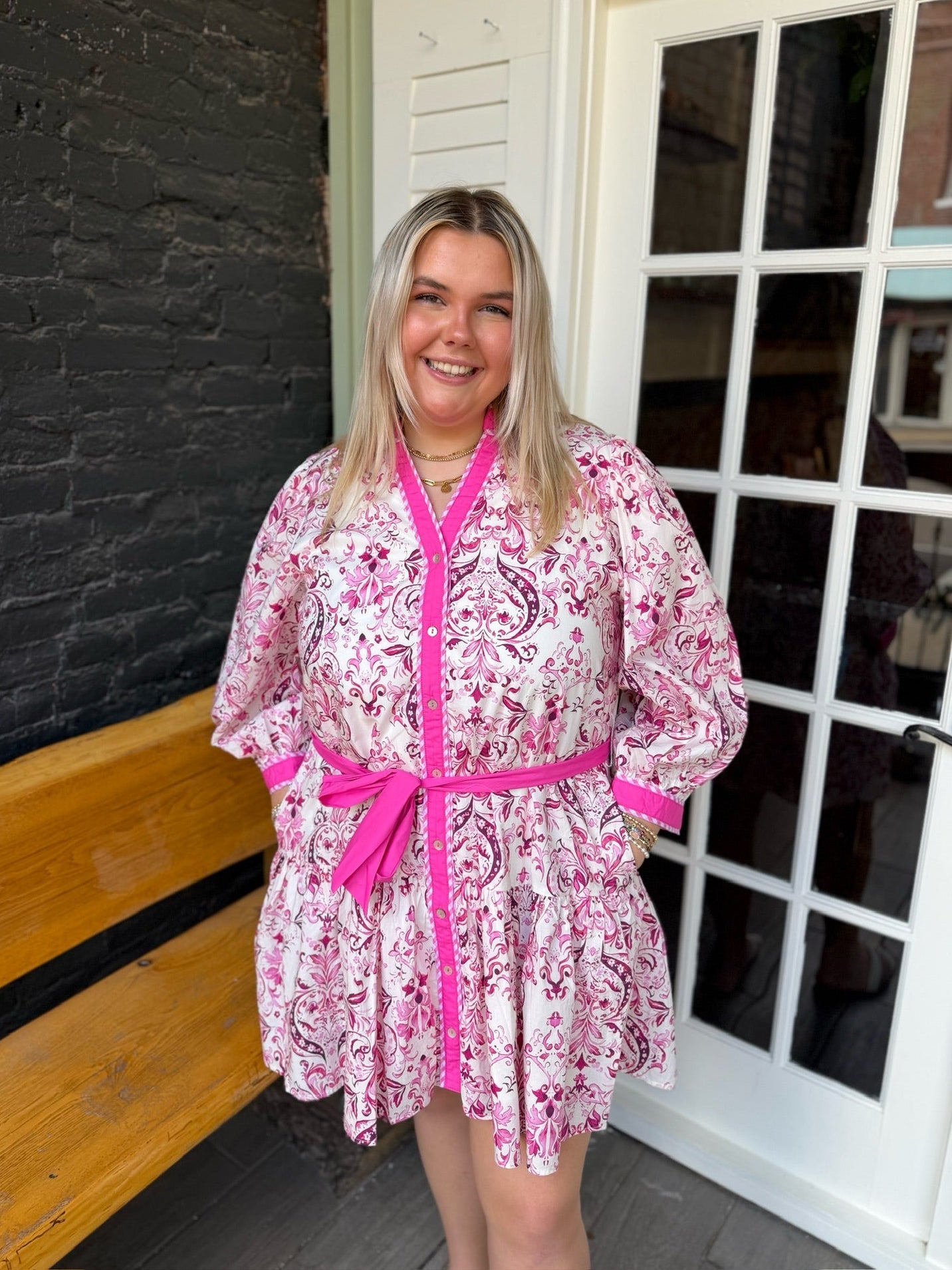 Curvy Pink Paisley Front Button Long Sleeve Dress