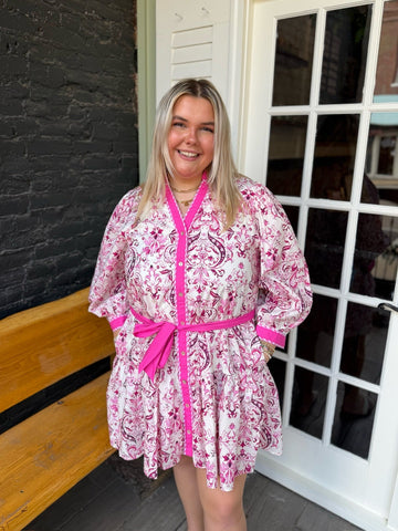 Curvy Pink Paisley Front Button Long Sleeve Dress