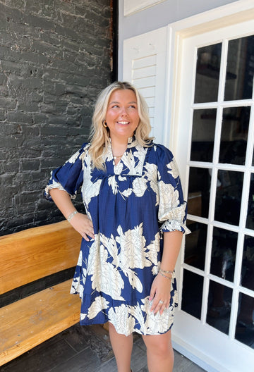 Curvy Navy Floral Tiered Babydoll Dress