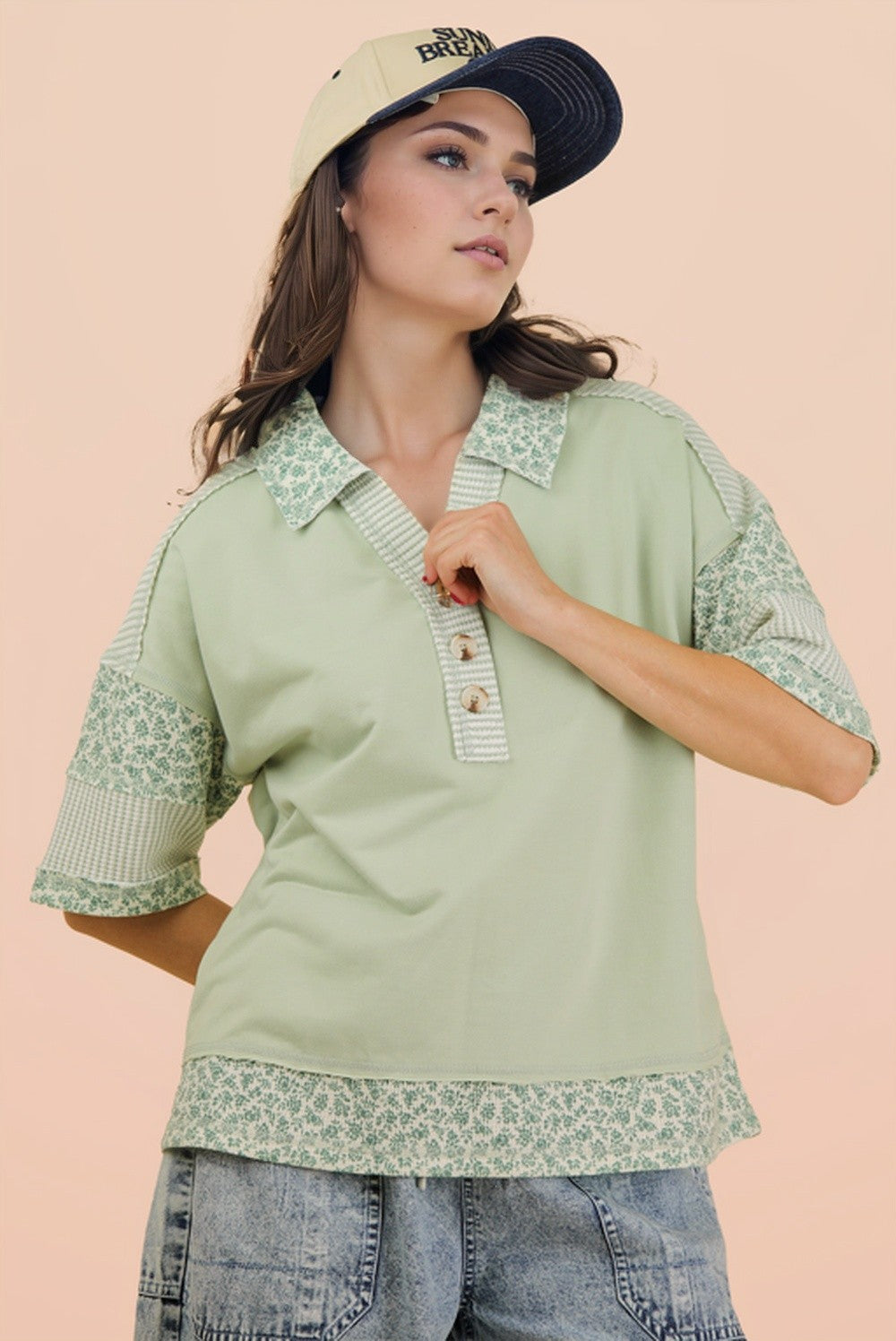 Curvy Floral Half Button Down Collared Top
