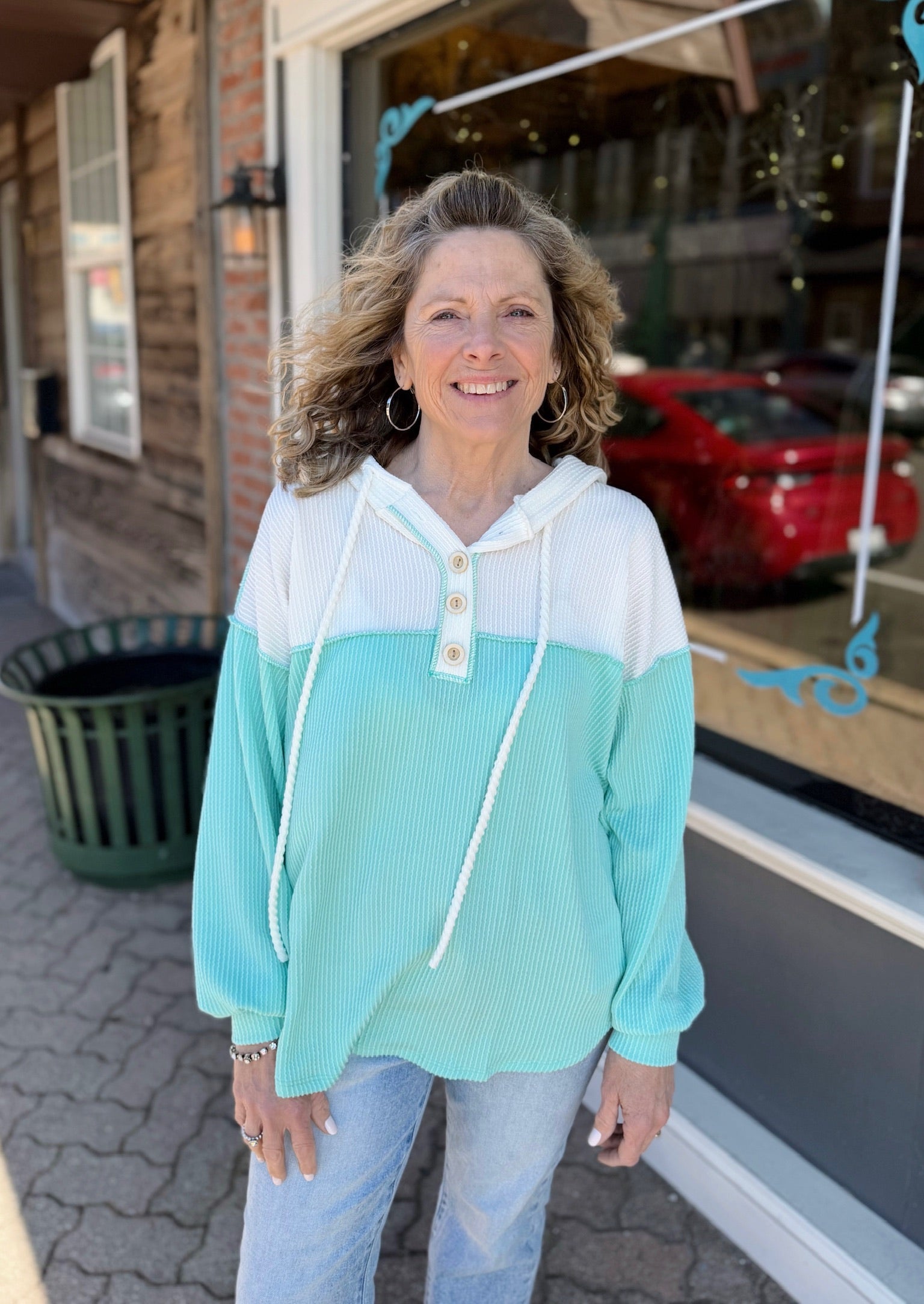 Mint and White Ribbed Hooded Henley