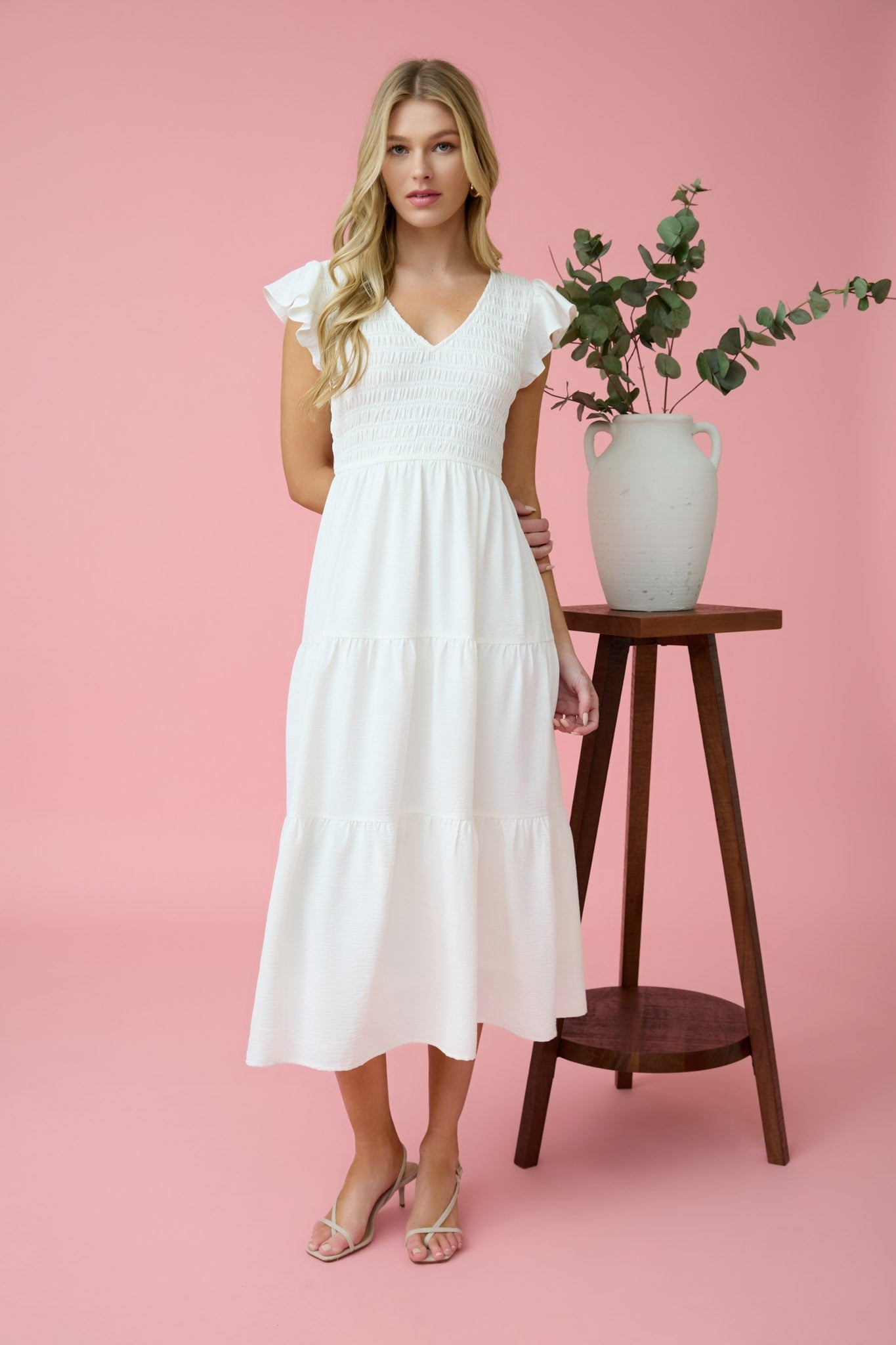 Curvy Tiered V-Neck Cap Sleeve Midi Dress
