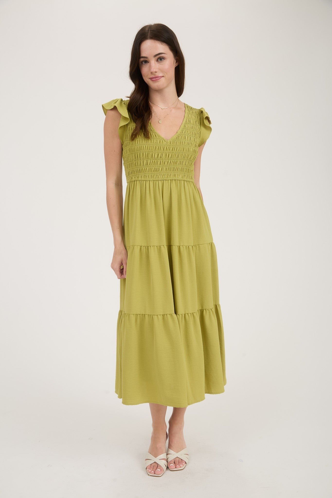 Curvy Tiered V-Neck Cap Sleeve Midi Dress