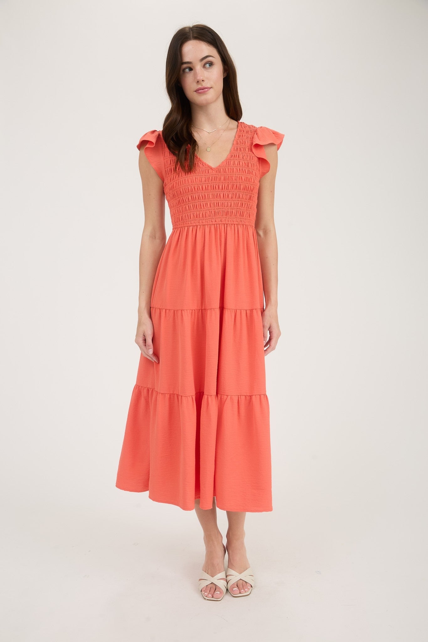 Curvy Tiered V-Neck Cap Sleeve Midi Dress