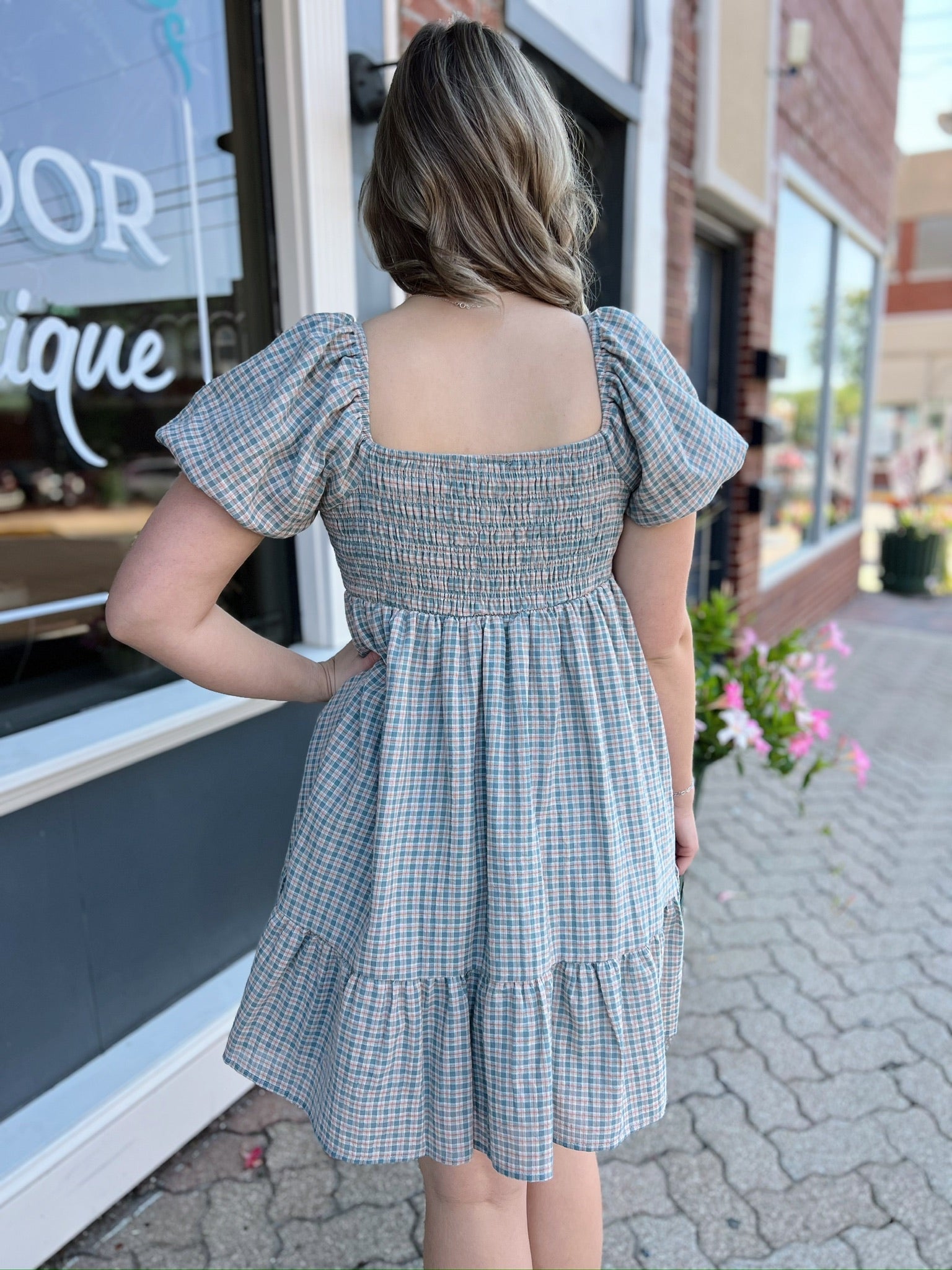 Dusty Teal Ribbon Front Smocked Plaid Midi Dress