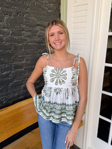 Olive Tie Shoulder Paisley Printed Top