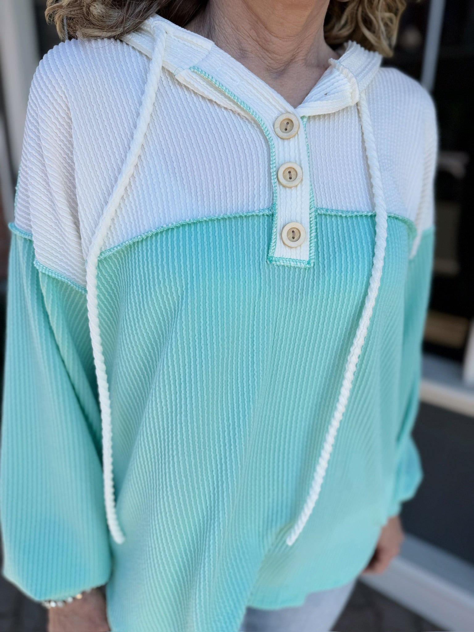 Mint and White Ribbed Hooded Henley