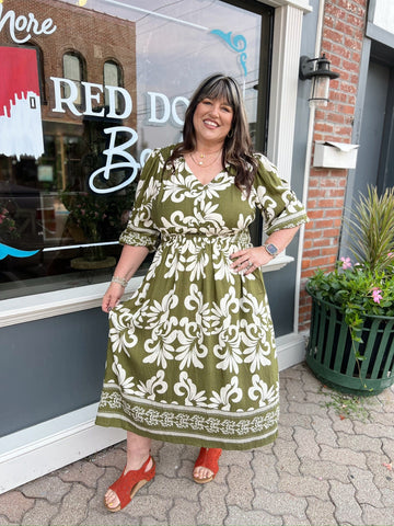 Curvy Olive 3/4 Sleeve Elastic Waist Dress