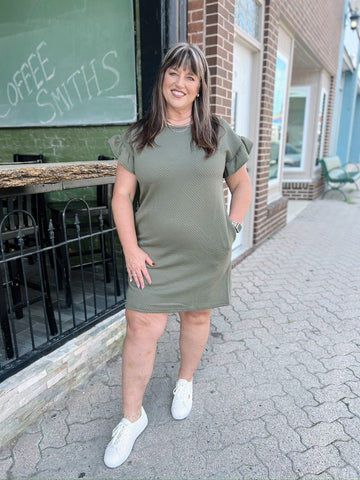 Curvy Olive Quilted Ruffle Sleeve Dress