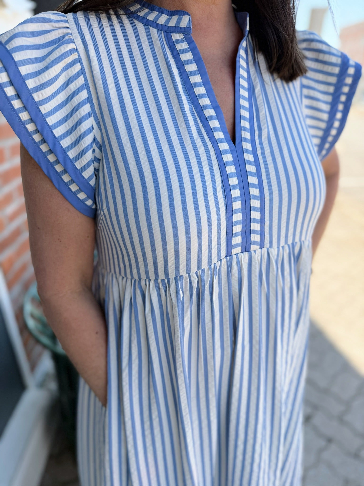 Blue Stripe Ruffle Flutter Sleeve Tiered Dress