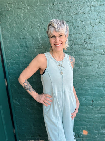 Blue Mineral Wash Cinched Leg Jumpsuit