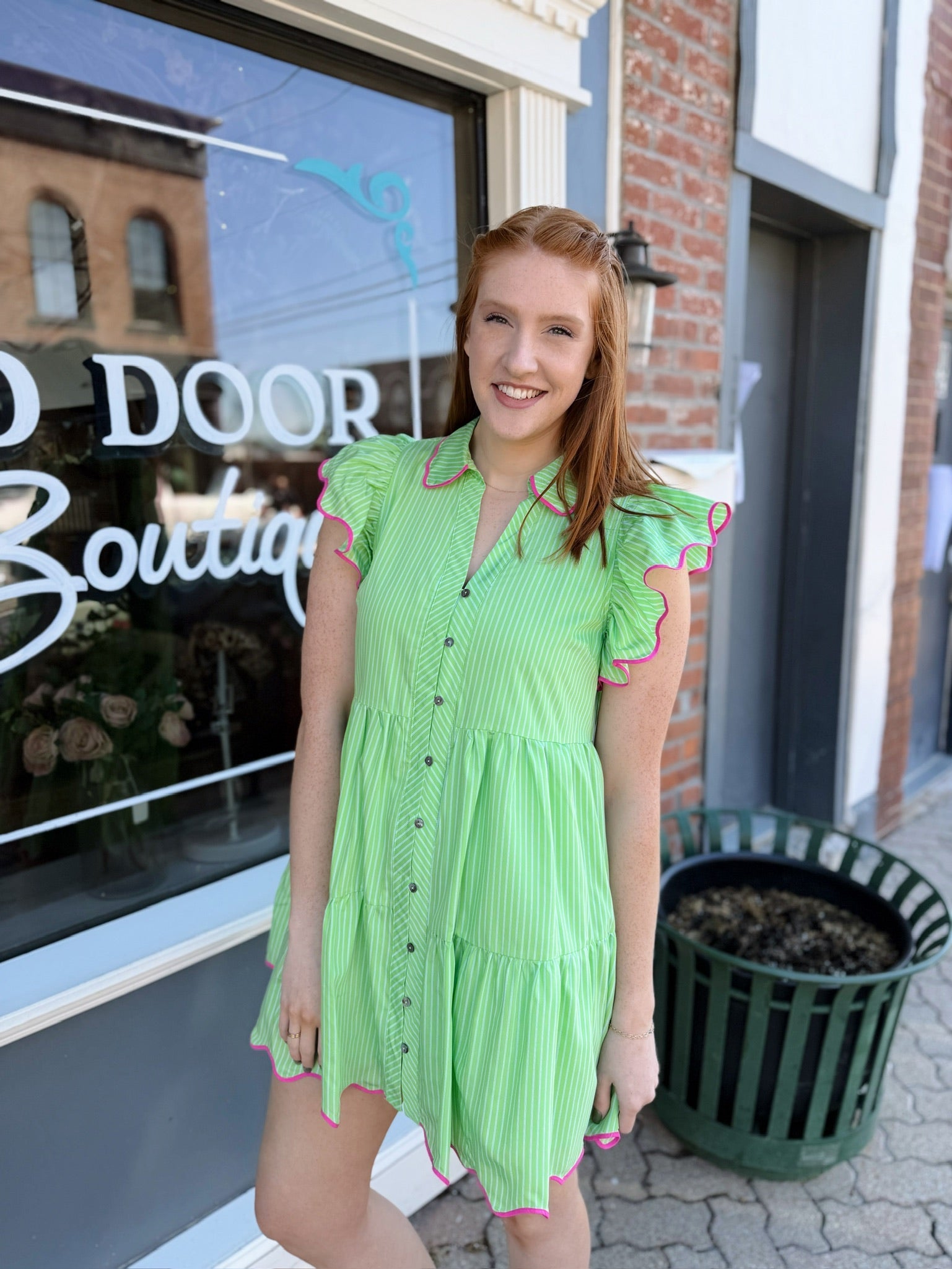 Green Pinstripe Pink Tiered Dress