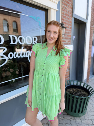 Green Pinstripe Pink Tiered Dress