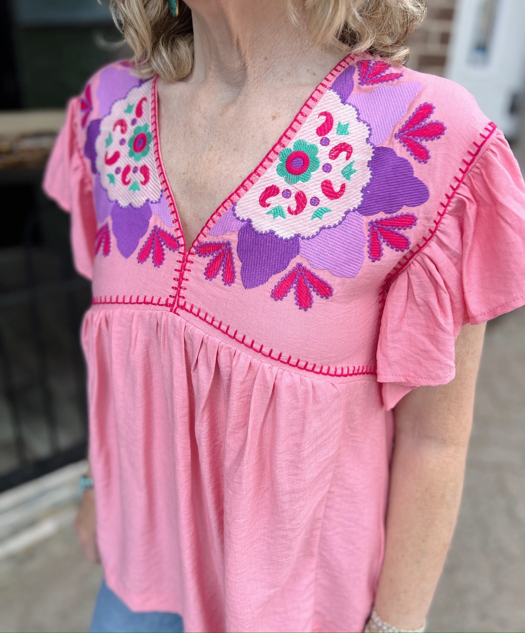 Pink V-Neck Multi Color Embroidery Ruffle Sleeve