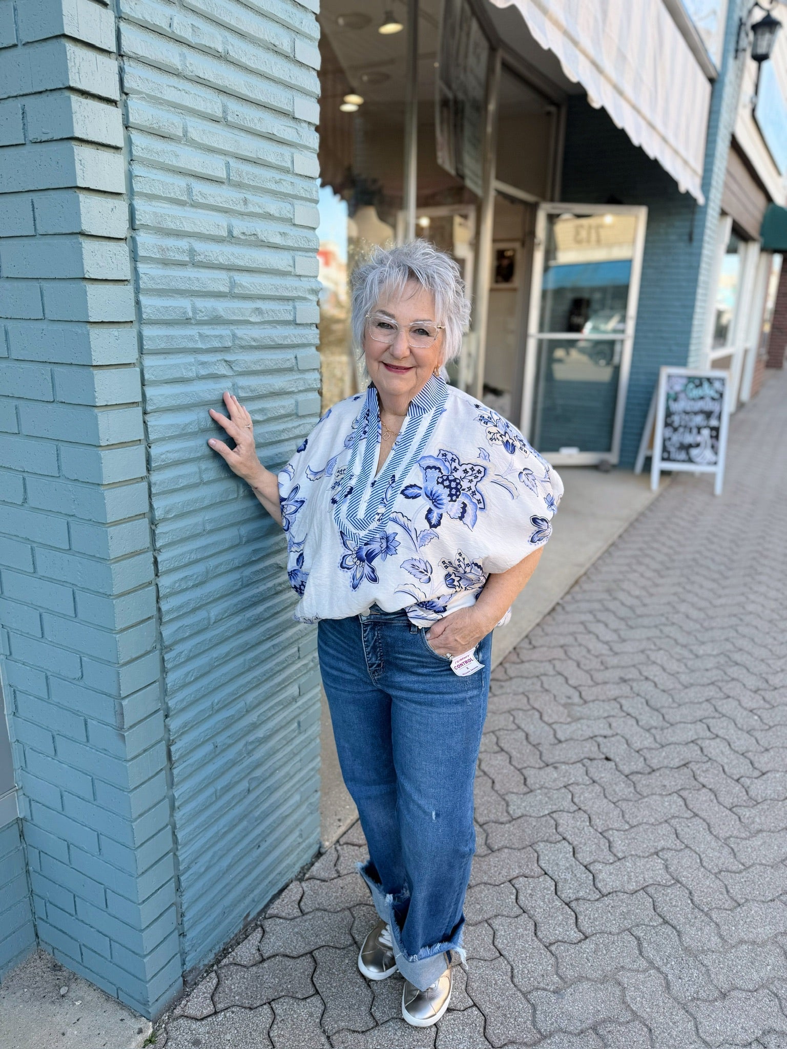 Blue Floral Dolman Contrast V-Neck Top