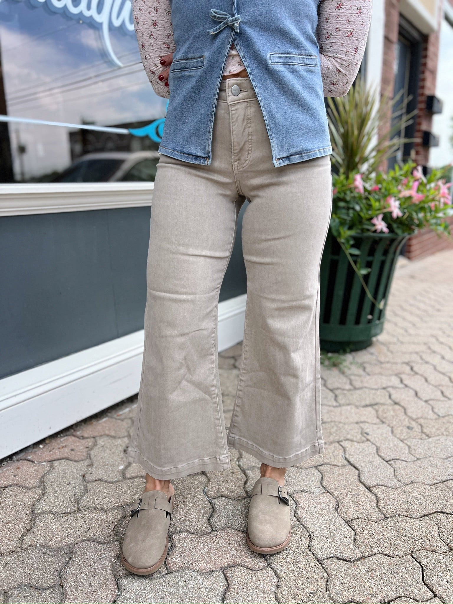 Newlin's Taupe TC Mid Rise Crop Wide Leg Jeans