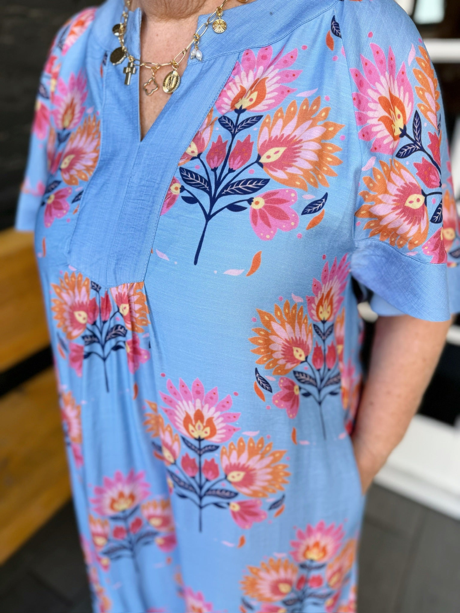 Blue Floral Flutter Sleeve Midi Dress