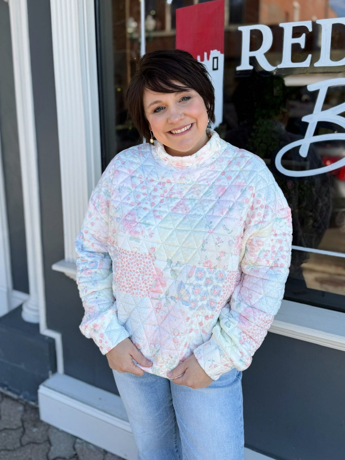 Pastel Quilted Floral Mock Neck Sweatshirt