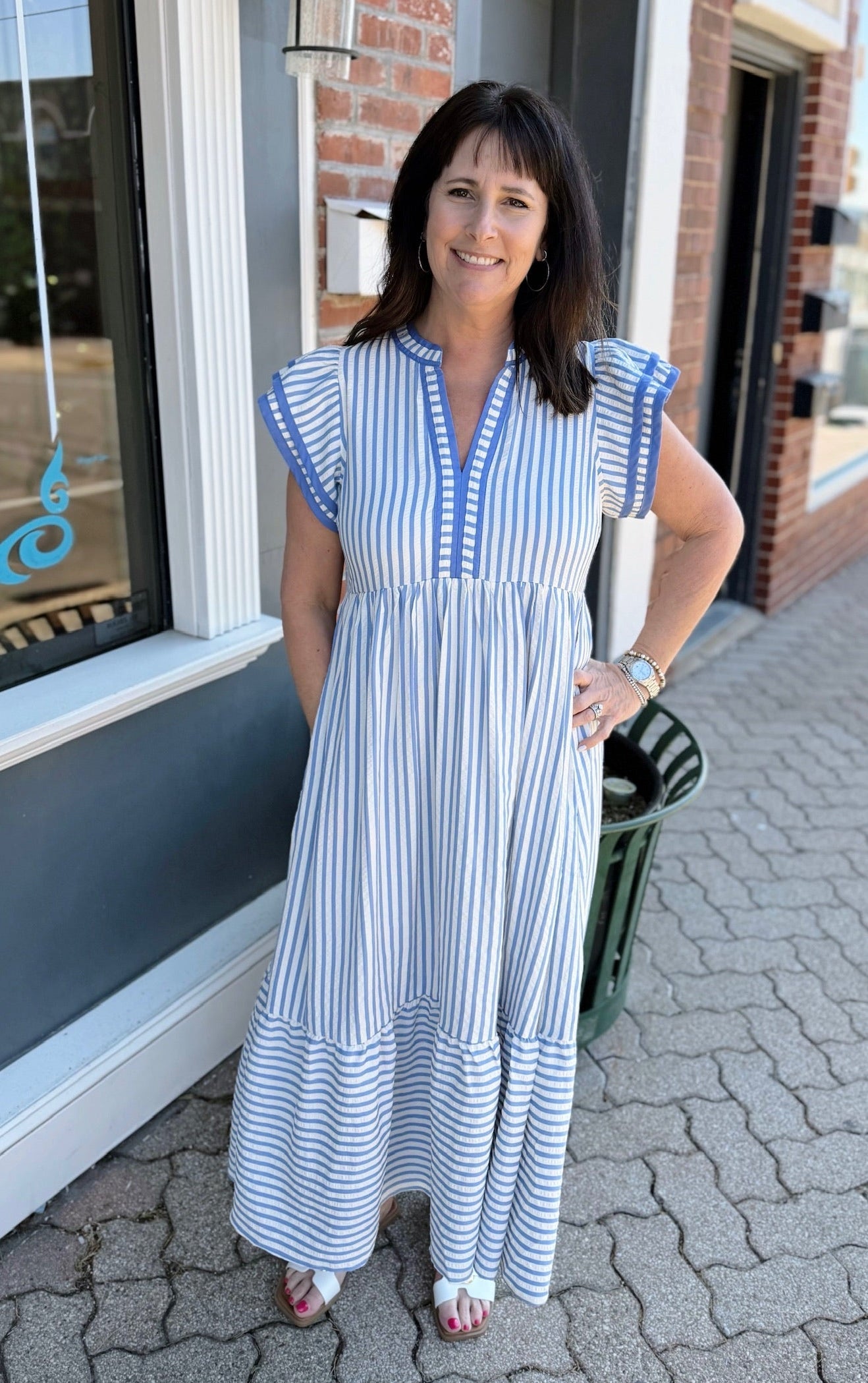 Blue Stripe Ruffle Flutter Sleeve Tiered Dress