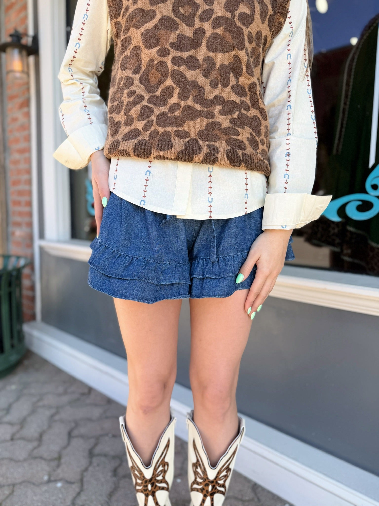 Denim Drawstring Ruffle Tiered Shorts