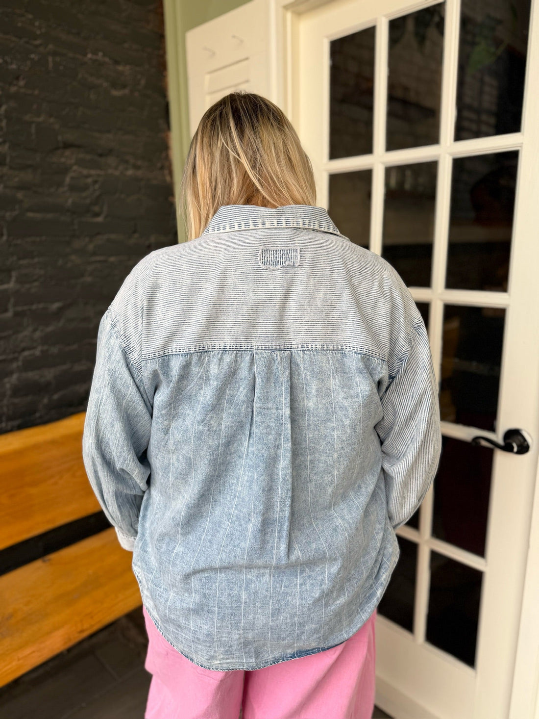 Curvy Chambray Striped Button Down Top