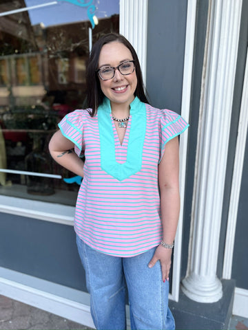Pink Striped Flutter Sleever Contrast V- Neck Top