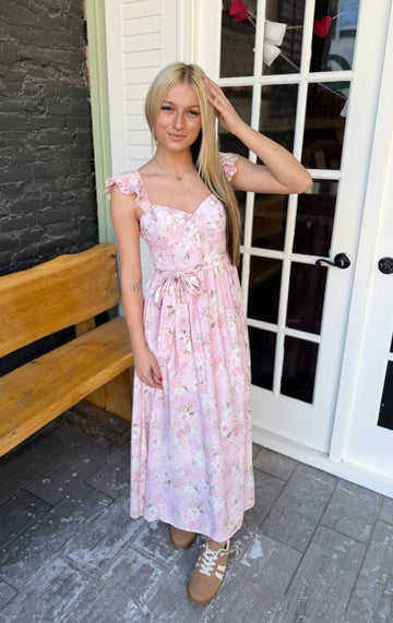 Pink Floral Corset Midi Dress